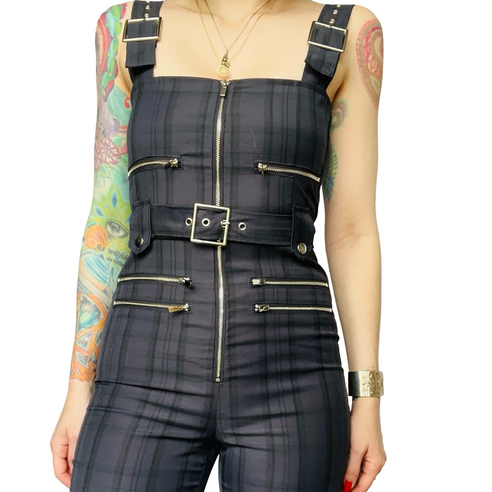 WeWoreWhat Revolve Navy Blue Plaid Moto Jumpsuit size small